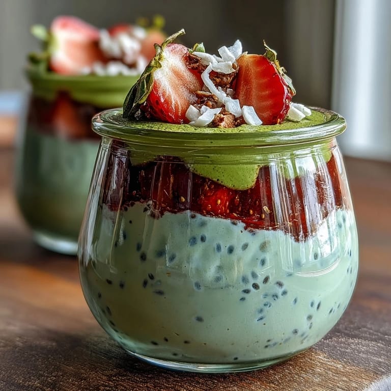 Creamy oats blended with matcha green tea and sweet strawberries, layered in jars for a refreshing morning meal.