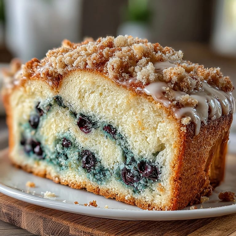 Enjoy slices of this tangy blueberry sourdough loaf, bursting with fresh fruit and crowned with a sweet, golden crumb topping.