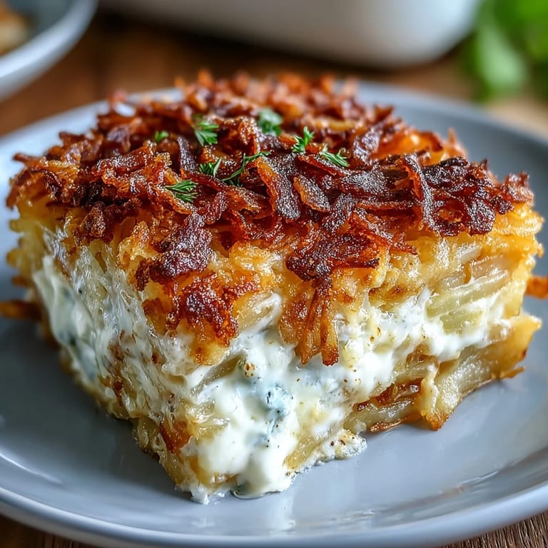 Creamy casserole of tender potatoes and melted cheddar, topped with crispy hashbrowns for a comforting side dish everyone loves.