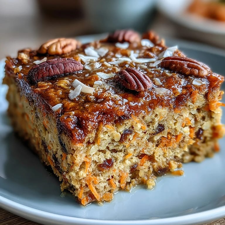 Golden baked oatmeal squares inspired by classic carrot cake, featuring fresh carrots, cinnamon, and optional raisins for a naturally sweet treat.