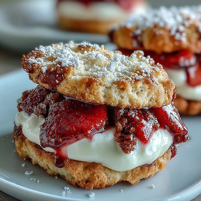 Golden strawberry shortcake cookies with rich cream filling, highlighting juicy strawberries and soft, buttery cookie layers.