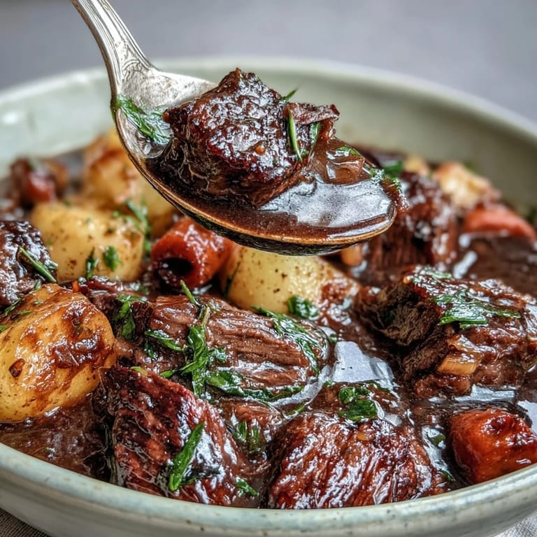 Rich and comforting beef stew with chuck, carrots, parsnips, potatoes, and aromatic herbs in a thick broth.
