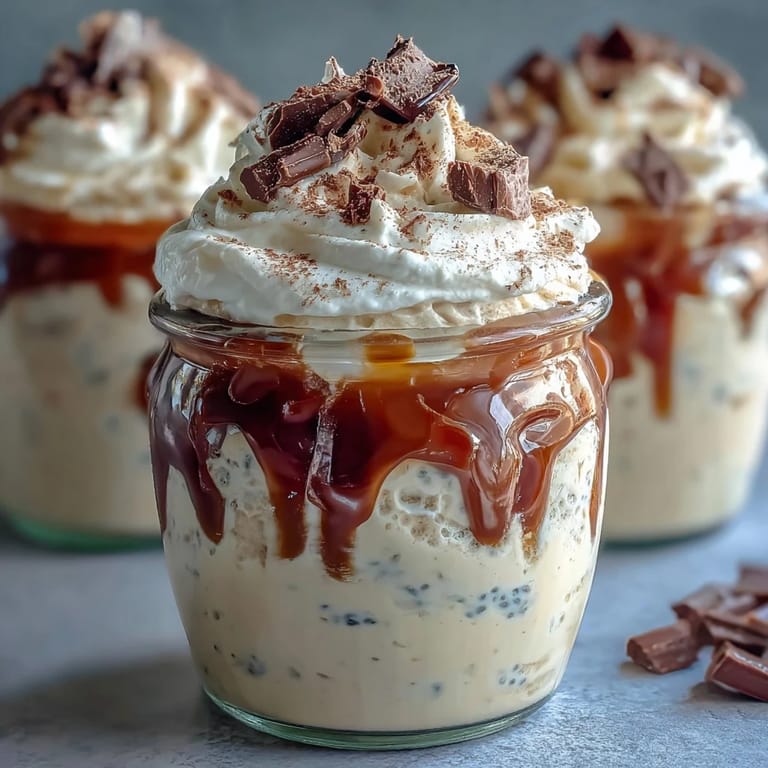 Vanilla bean frappuccino-inspired overnight oats dessert layered in a jar, chilled overnight and finished with espresso dusting and chocolate shavings.