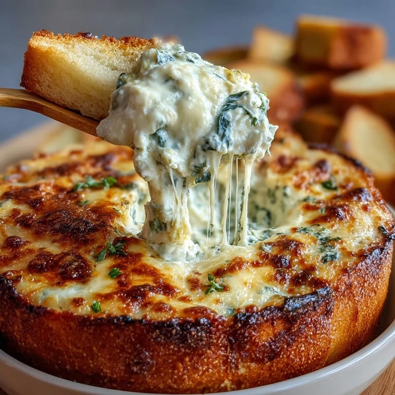 Warm cheesy spinach artichoke dip served in a crusty bread bowl, garnished with green herbs for festive flair.