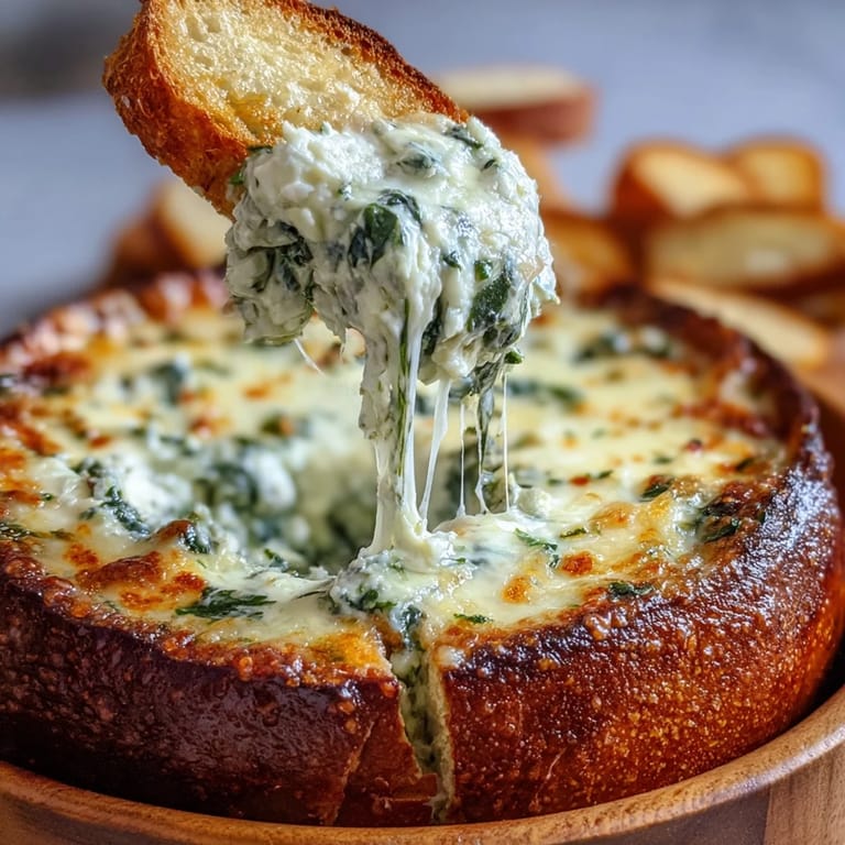 Golden-baked bread bowl filled with rich spinach and artichoke dip, surrounded by toasted sourdough chunks for dipping.