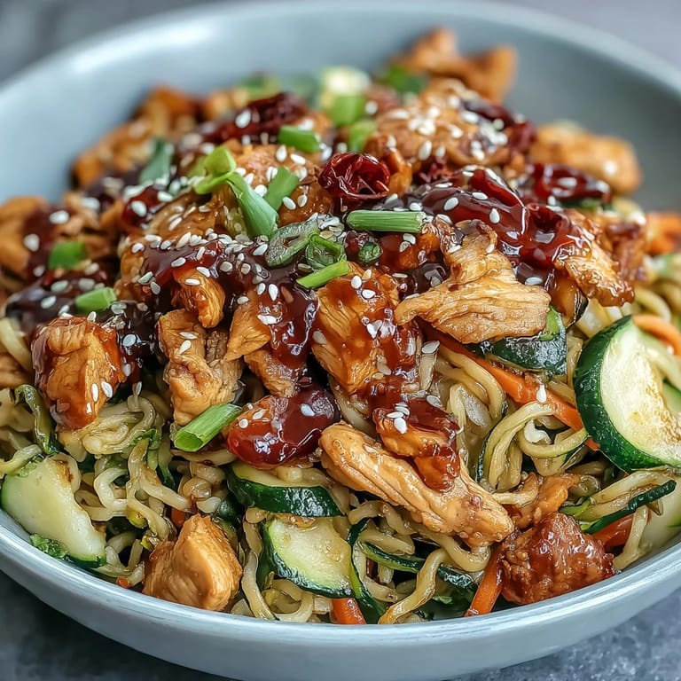 Low-carb zucchini noodles and juicy chicken stir-fried with vibrant bell peppers, carrots, and onions in a flavorful soy-ginger glaze.