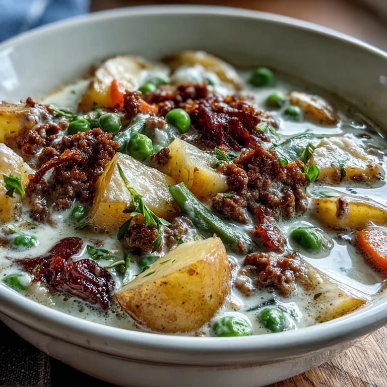 Warm and comforting Shepherds Pie Soup with ground beef, mixed vegetables, and creamy potatoes in a rustic bowl.