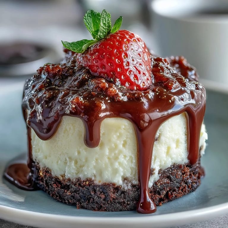 Decadent chocolate biscuit base cheesecake cups topped with fresh strawberries and gold leaf.