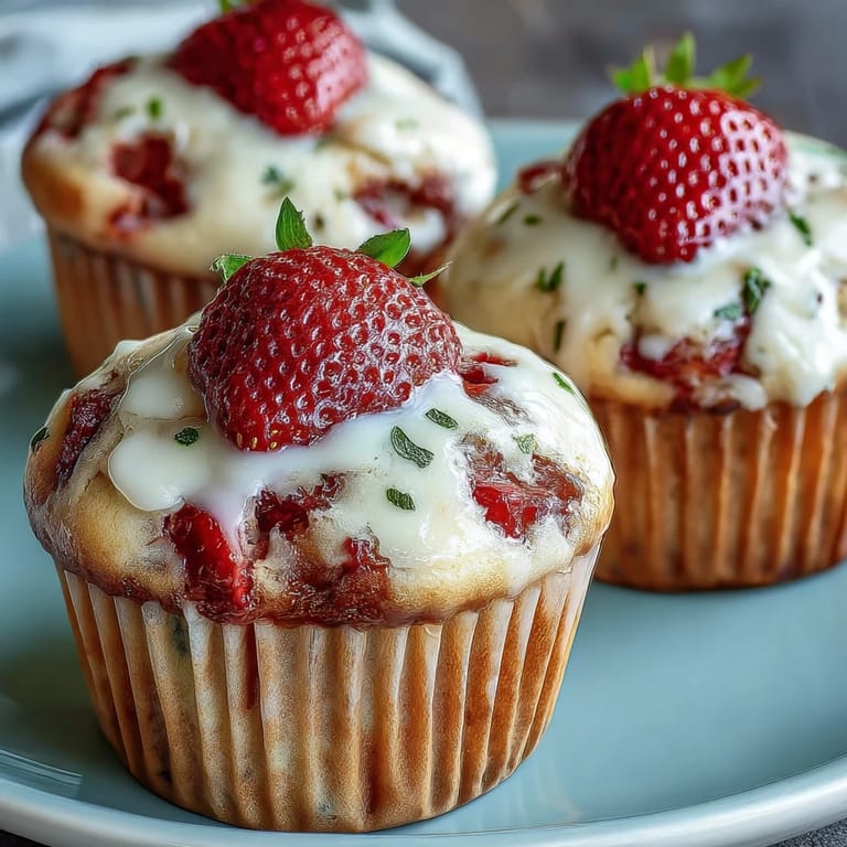 Warm strawberry muffins with white chocolate chips, topped with a golden dome and dotted with vibrant red fruit pieces.
