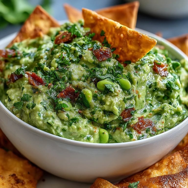 Bright, herby edamame guacamole with ripe avocado, paired with warm, lightly spiced pita chips for dipping.