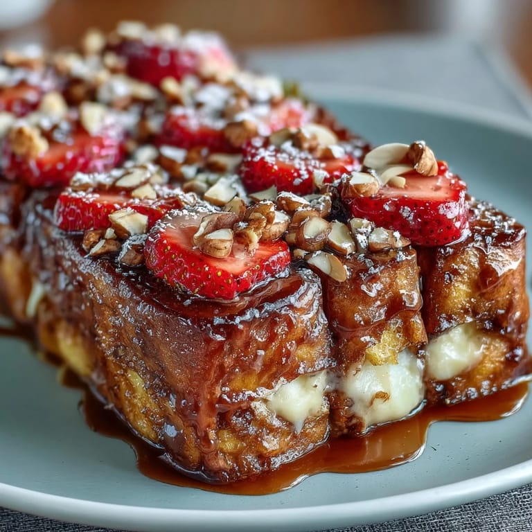 Decadent Strawberry French Toast Bake featuring fluffy custard-soaked bread, fresh strawberries, and a crisp turbinado sugar crust—ideal for festive mornings.