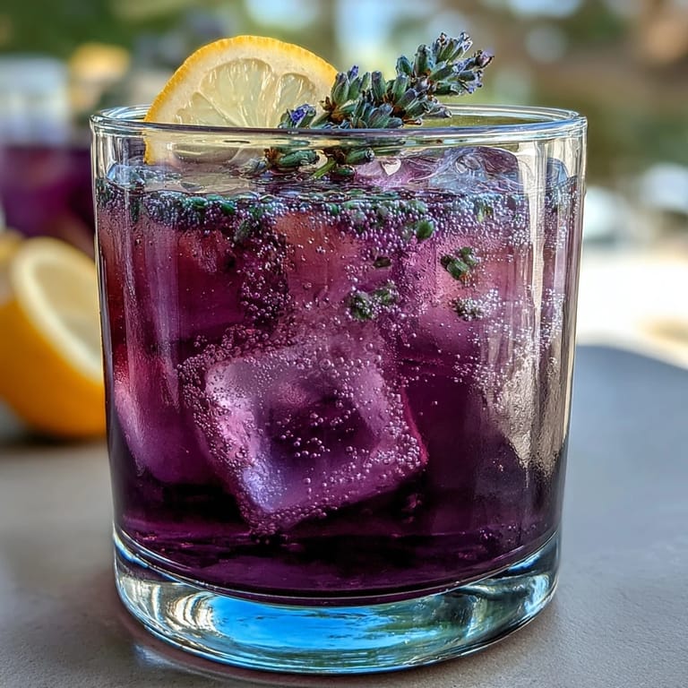 Refreshing lavender lemonade spritz served over ice, garnished with lemon wheels and edible lavender blooms.