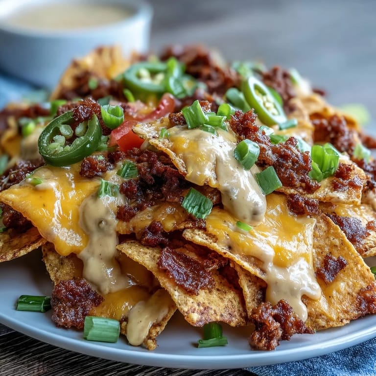 Hearty nachos piled high with juicy beef, rich cheese sauce, fresh tomatoes, and spicy jalapeño slices.  
