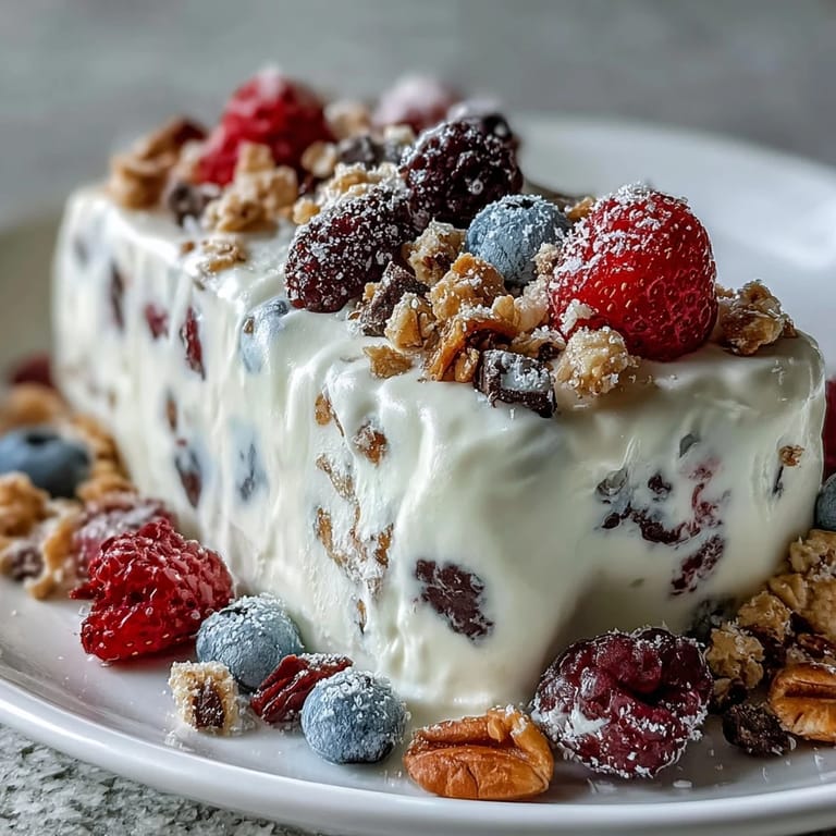 Colorful frozen yogurt bark with juicy berries and granola, a refreshing and nutritious snack for warm days.
