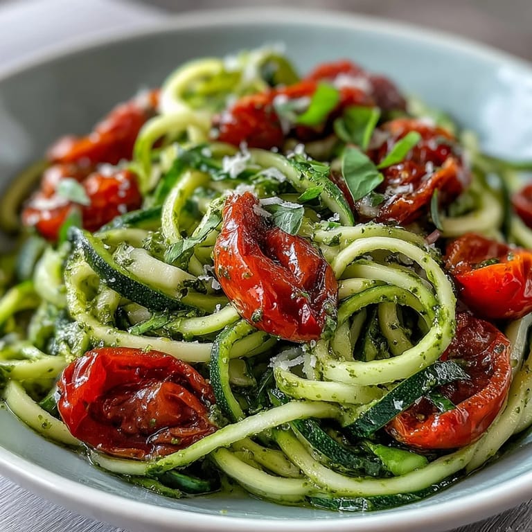 Fresh zucchini noodles coated in basil pesto and paired with roasted cherry tomatoes for a quick dinner.