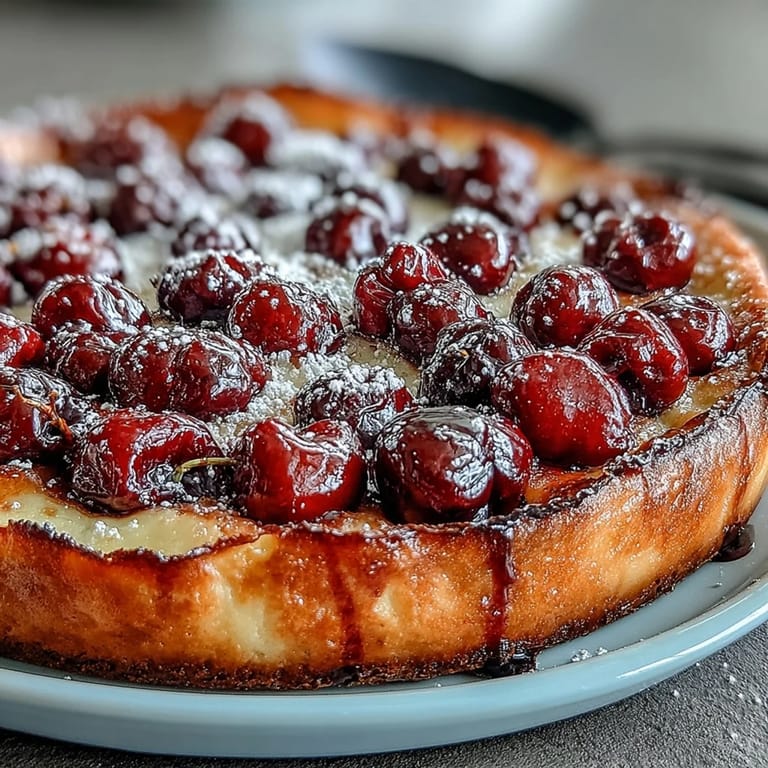 Rustic French cherry clafoutis, featuring plump cherries baked in a rich vanilla bean custard.