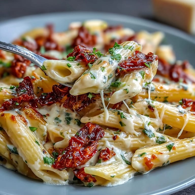 Vivid Marry Me Pasta, blanketed in velvety sauce, garnished with fresh basil.