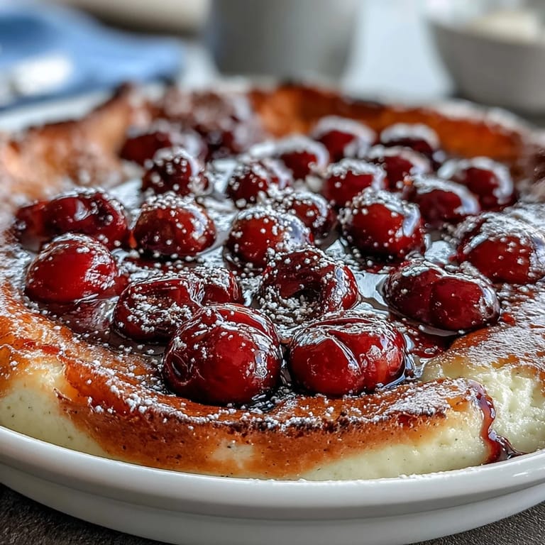 Golden baked fresh cherry clafoutis dessert, perfect served warm with a dollop of cream.