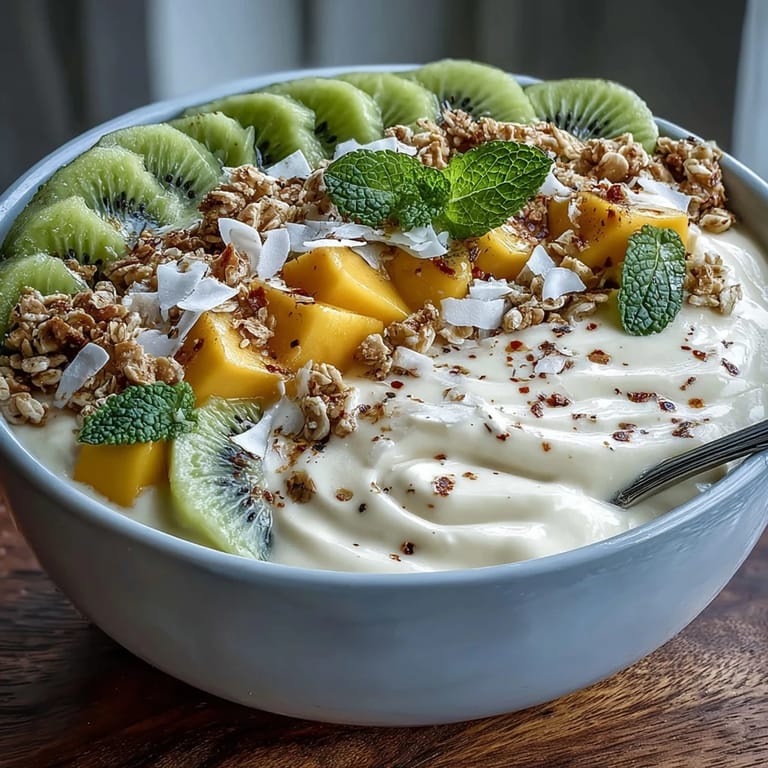 Close-up of a colorful Mango Chili Lime Smoothie Bowl, ready to be enjoyed.