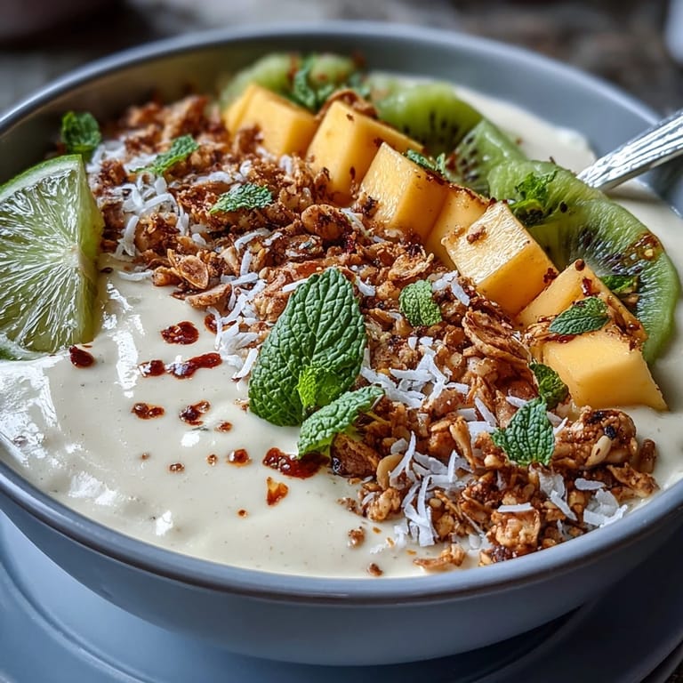 Glistening Mango Chili Lime Smoothie Bowl, a healthy, zesty, and spicy breakfast treat.