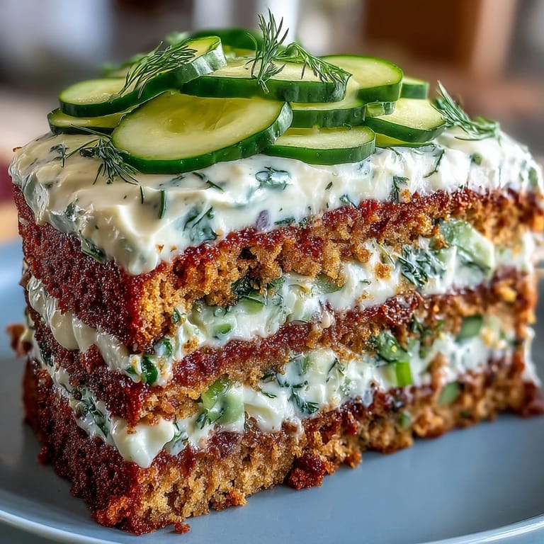 Savory pickle cake with tangy dill frosting, a unique layered appetizer for guests.