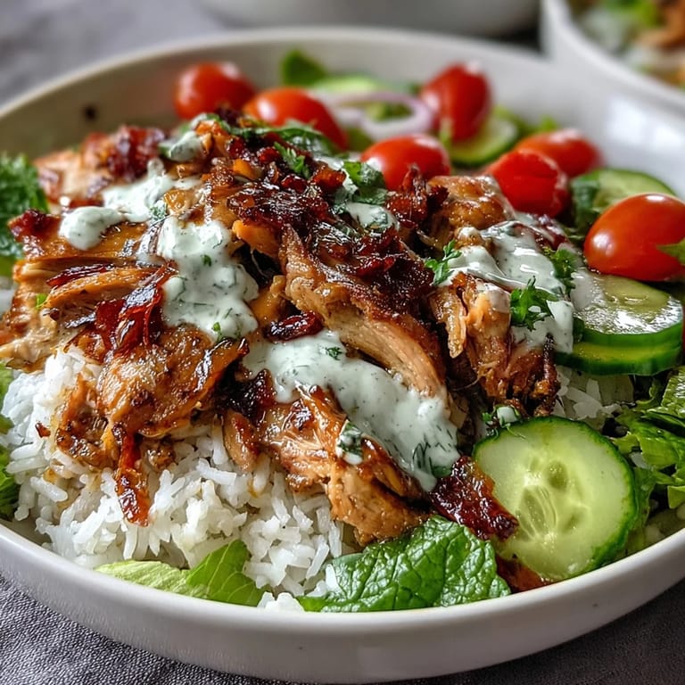 Flavorful shawarma bowl topped with vibrant spices and tahini drizzle.