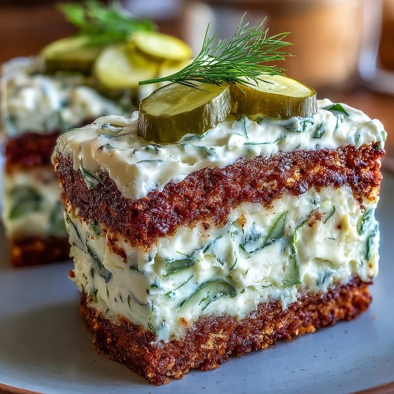 Beautifully frosted pickle cake, a surprising and moist savory delight for any party.