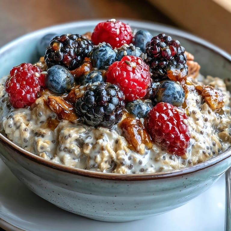 Visually imagine high fiber overnight oats topped with fresh berries and nuts.