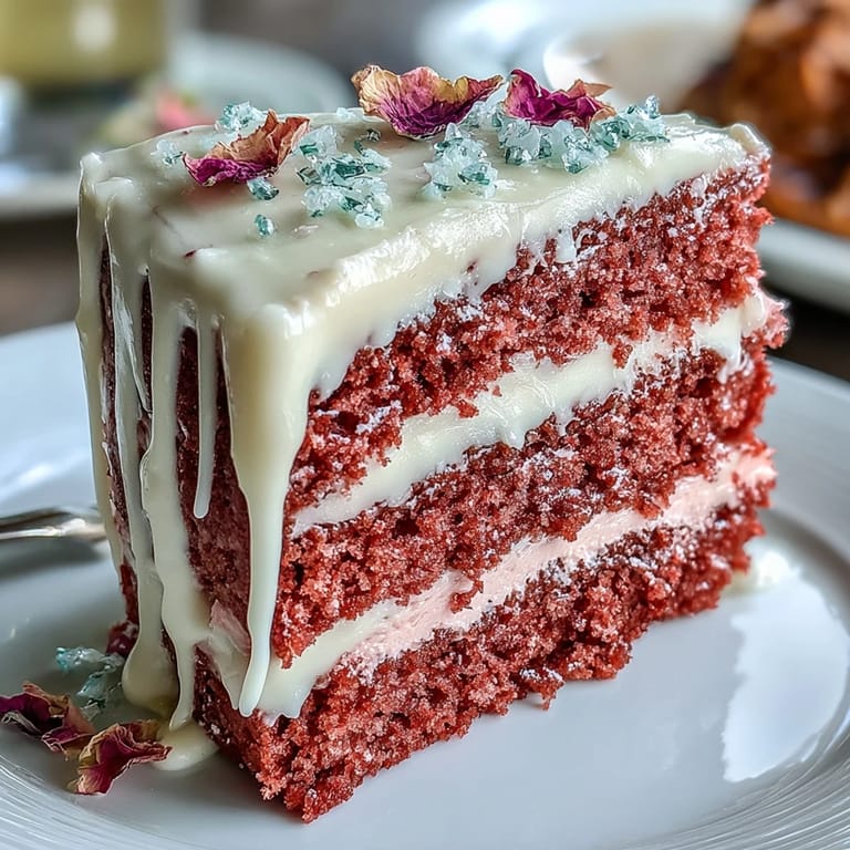 Fluffy Rosé Velvet Cake, artfully adorned with a delicate gold chocolate drip finish.