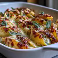 Golden baked Pumpkin & Gouda Stuffed Shells topped with crispy sage in a brown butter Alfredo sauce, served bubbling hot.