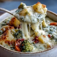 Creamy Garlic Parmesan Veggie Soup steams in a rustic bowl, topped with extra cheese and parsley alongside crusty bread.