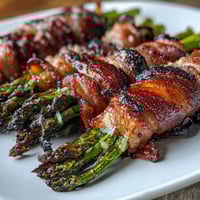 Keto bacon-wrapped asparagus bundles with Parmesan, roasted until crisp and golden for a savory, low-carb appetizer.  
