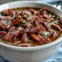 Hearty ham and red bean soup with smoky ham hock, tender beans, and Creole spices in a rich broth.  