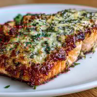 Keto Garlic Parmesan Salmon with Roasted Broccoli and Lemon Wedges served on a baking sheet, golden crust glistening with herbs and garlic.