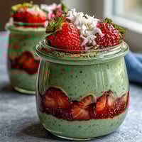 Vibrant strawberry matcha overnight chia oats with fresh berries and green tea swirl for a healthy breakfast.