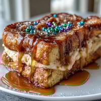 King Cake Overnight French Toast Bake with cinnamon-swirl brioche soaked in creamy custard, baked golden, and drizzled with festive icing and colorful sprinkles.