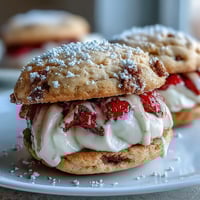 Delicious strawberry shortcake cookies with cream filling, showcasing fresh strawberries and fluffy vanilla cream between tender cookies.
