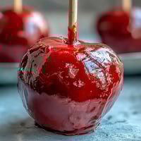 Shiny red candy-coated apples with glossy, vibrant shells—an irresistible treat for festive gatherings and autumn celebrations.  