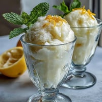 A vibrant scoop of zesty limoncello sorbet garnished with fresh mint leaves and lemon zest.