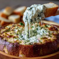 Creamy spinach and artichoke dip baked inside a sourdough bread bowl, perfect for St. Patrick's Day celebrations.