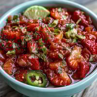 Fresh strawberry salsa with lime and jalapeño served in a white bowl with tortilla chips on the side