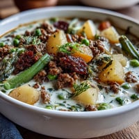 Shepherds Pie Soup with Ground Beef and Veggies in a hearty bowl, packed with tender potatoes and savory broth.