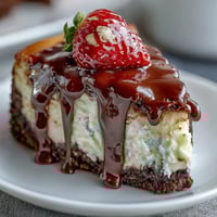 Mini Dubai chocolate cheesecake cups with strawberry topping and pistachio garnish.