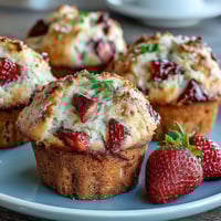 Golden strawberry muffins loaded with white chocolate chips, fresh berries, and a tender crumb—perfect for breakfast or brunch.