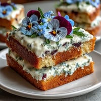 Spring Cake with Pressed Edible Flowers, light vanilla layers frosted with whipped cream and decorated with pressed flowers.