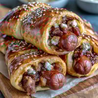 Mini baseball hot dogs wrapped in golden crescent roll dough, perfect for game day snacking.