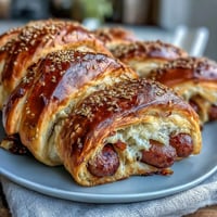 Golden puff pastry-wrapped sausages with tangy mustard dip, a perfect game day appetizer for hungry fans.