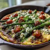 Healthy Easy Spring Veggie Frittata with vibrant asparagus, spinach, and feta cheese, baked golden and perfect for brunch.