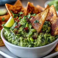 Creamy avocado and edamame guacamole served with crispy, golden pita chips for a fresh, protein-rich snack.