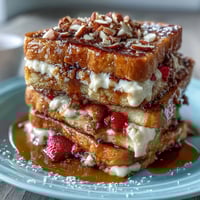 Vibrant Spring Brunch Strawberry French Toast Bake with golden brioche and juicy berries, baked to perfection and topped with almonds.